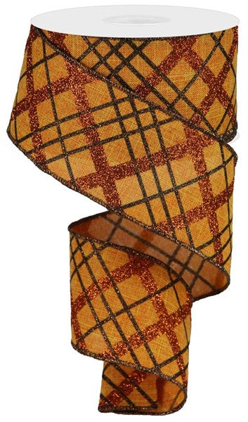 RGA1223N5  2.5" x 10yd Glitter Diagonal Plaid/Royal Talisman/Copper/Brown
