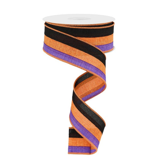 RG0160120   1.5" x 10yd 3 Color 3-In-1 Royal Burlap   Black/Orange/Purple
