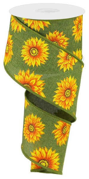 RG0187344  2.5" x 10yd Multi Sunflowers/Royal Burlap Green/Ylw/Orng/Rust/Brn