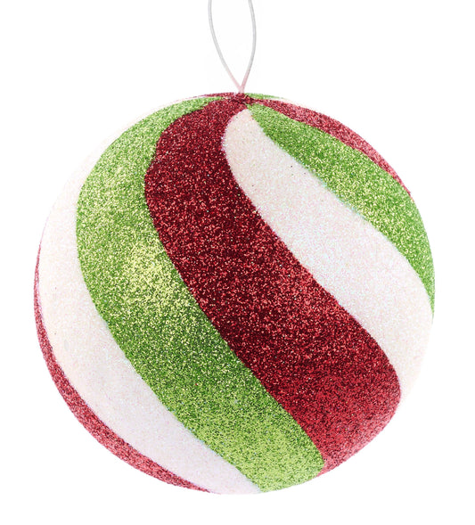 XJ535492    4"Dia Fine Glitter Swirl Ball Orn    Red/White/Lime