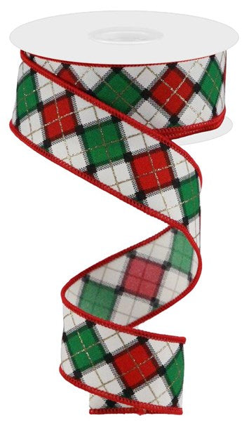 RGC196333 1.5"X10yd Printed/Glitter Check/Diagonal Ivory/Red/Emerald/Blk/Gld