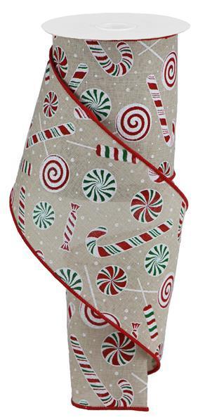 RGB119918   4" x 10yd Candy Cane/Peppermint/Ryl   Lt Nat/Red/Green/White