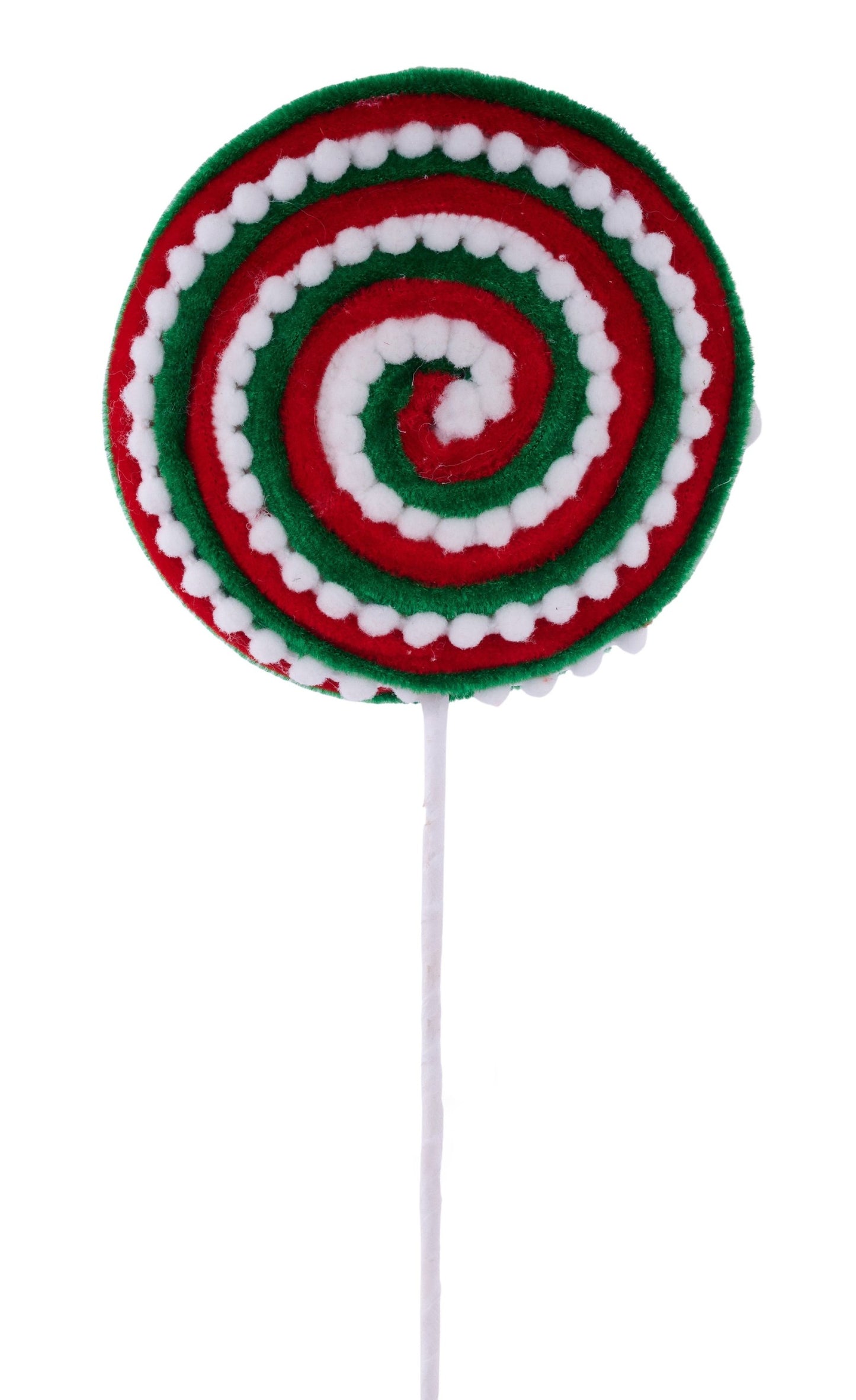 XC120036      15.25"L Velvet/Snowball/Striped Lollipop    Red/White/Emerald Green
