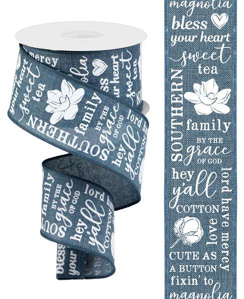 RGA1031C6   2.5" x 10yd Southern Charm On Royal    Faded Denim/White