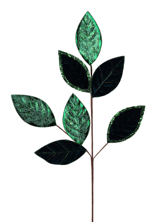 XS230206  27"L Velvet/Glitter Magnolia Leaf Spray  Emerald Green