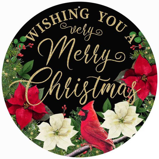 MD1011  12"Dia Metal/Gltr Merry Christmas Sign Black/Emerald/Red/White