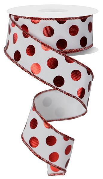 RGE166427   1.5" x 10yd Metallic Polka Dots   White/Red