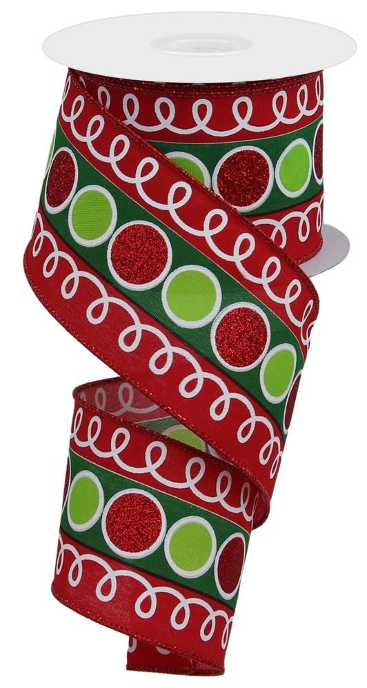 RGE10689H  2.5" x 10yd Stripe Glitter Circle W/Loops  White/Red/Emerald/Lime
