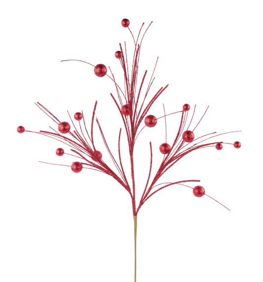 MN033424  32"L Glittered Ball/Twig Fishline Spray Red