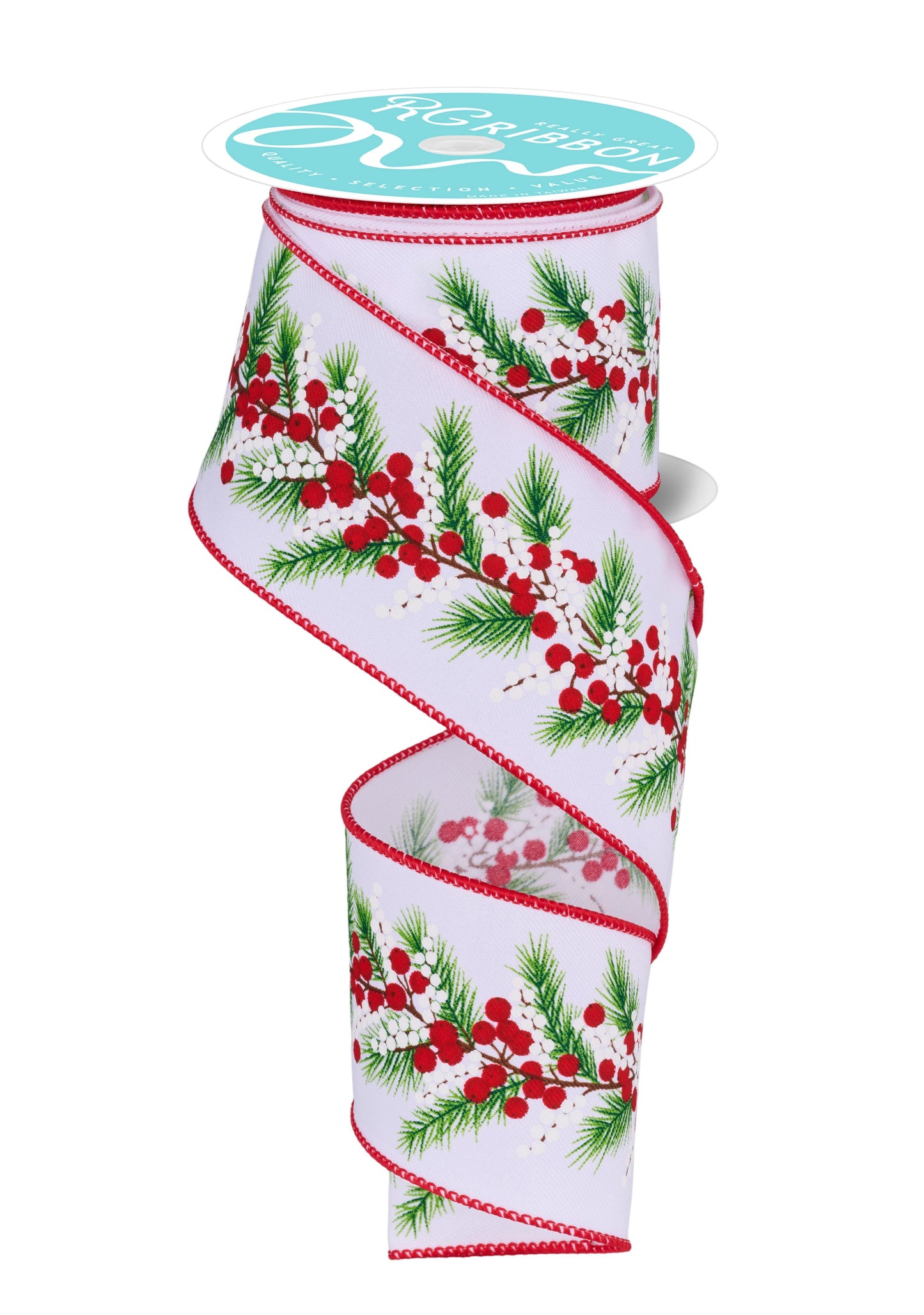 RGF1377W7  2.5" x 10yd Berries & Pine Ribbon – White/Red/Green/Brown – Wired Ribbon