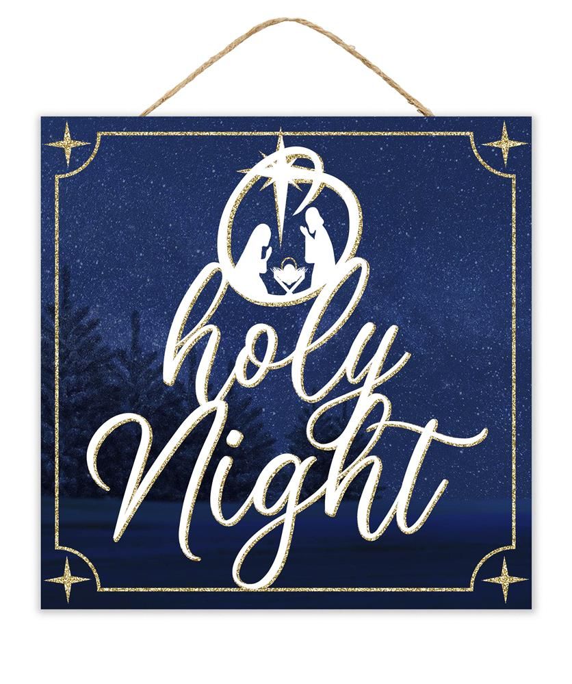 AP7822  10"Sq Glitter O Holy Night Sign Navy/White/Gold