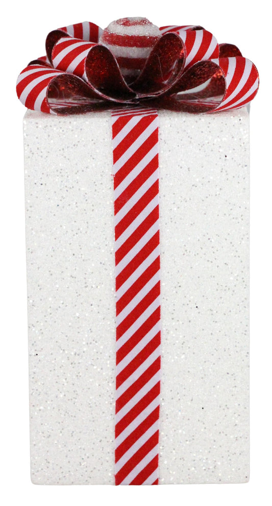 XC8349  9.75"H x 4.75"Sq Wrapped Present White/Red