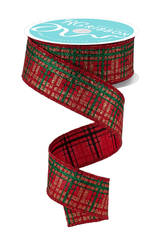 RGF195624    1.5" x 10yd Glitter Print Plaid    Red/Emerald/Gold