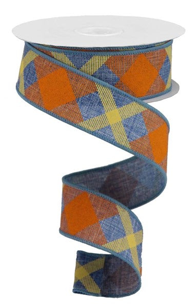 RG01682RT    1.5" X 10Yd Printed Plaid On Royal    Denim Blue/Orange/Mustard