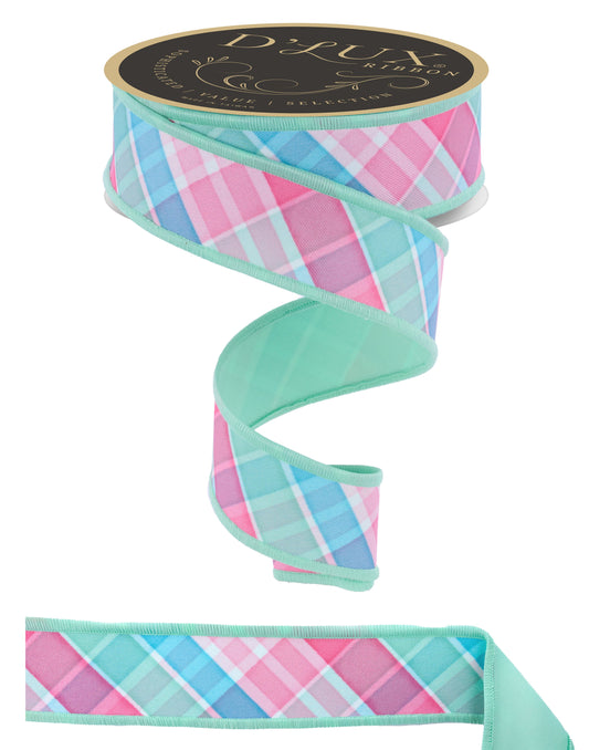LX1110YR  1.5" x 10yd Bold Plaid Ribbon – Light Teal/Pink/Mint – Fused Plaid Wired Ribbon