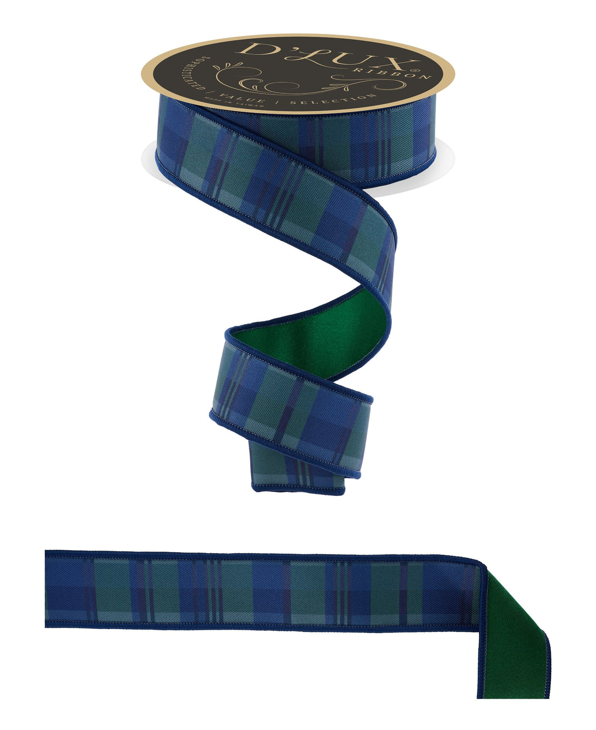 LX130173   1.5" x 10yd Plaid/Fused     Navy Blue/Emerald Green