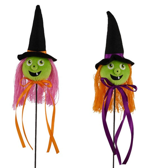 HH136599    16"L Soft Fabric Witch Pick W/Bow  Green/Orange/Pink