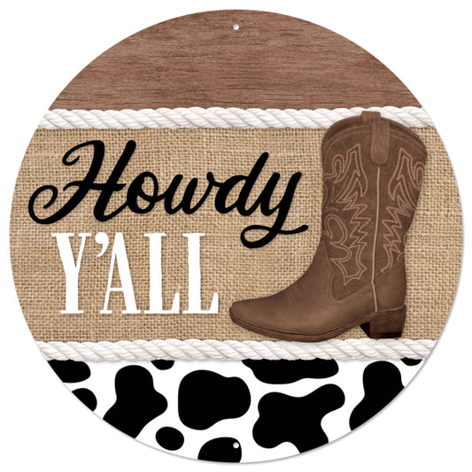 MD155102  12"Dia Howdy Y’All W/Cowboy Sign Brown/Tan/Black/White