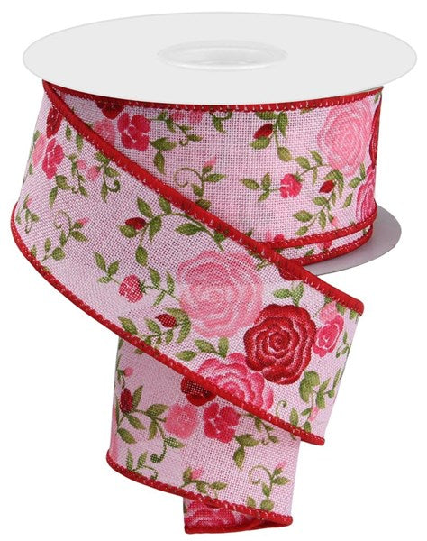 RGE117915  1.5" x 10yd Mini Roses Lt Pink/Pink/Red/Green
