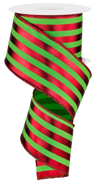 RGE1432W1  2.5" x 10yd Metallic Vertical Stripes Lime Green/Red
