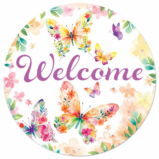 MD1709  12"Dia Metal Botanical Welcome Sign Purple/Grn/Pnk/Ylw/Orng