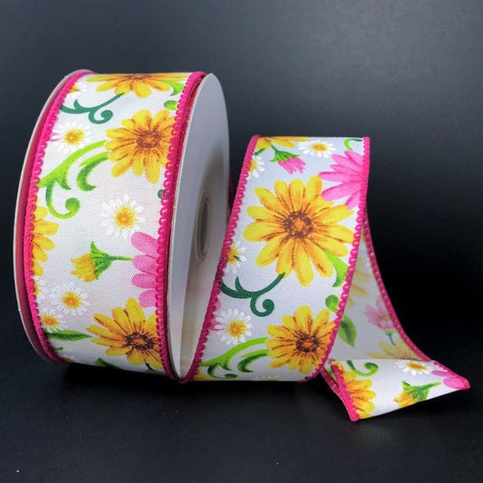 RJ18609-28     1.5" X 10YD WIRED SATIN DAISES RIBBON    Pink/White/Yellow
