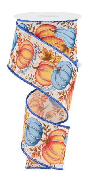 RGE19878K  2.5" x 10yd Pumpkin/Gourd/Leaves    Crm/Orng/Blue/Brwn