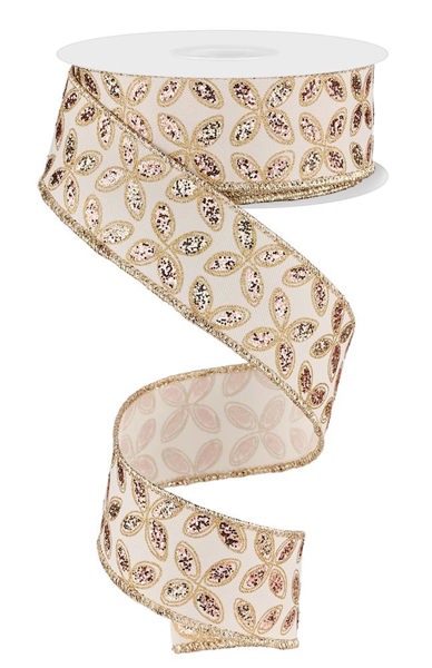 RGE192577  1.5" x 10yd Quatrefoil Petals Ivory/Rose/Champagne/Gold