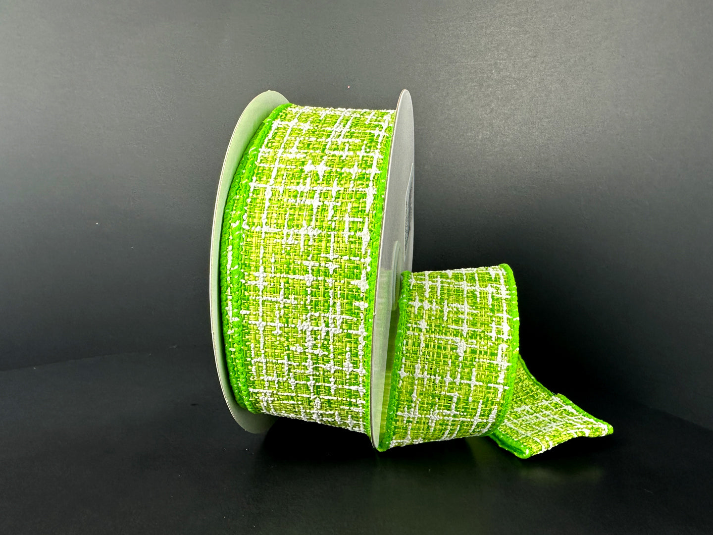 41515-09-09: LIME-WHT EMBELLISHED TWEED, 1.5"X10Y