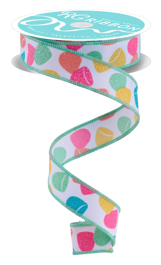 RGF7630AK  7/8" x 10yd Gumdrops Ribbon – White/Pastel – Candy Wired Ribbon