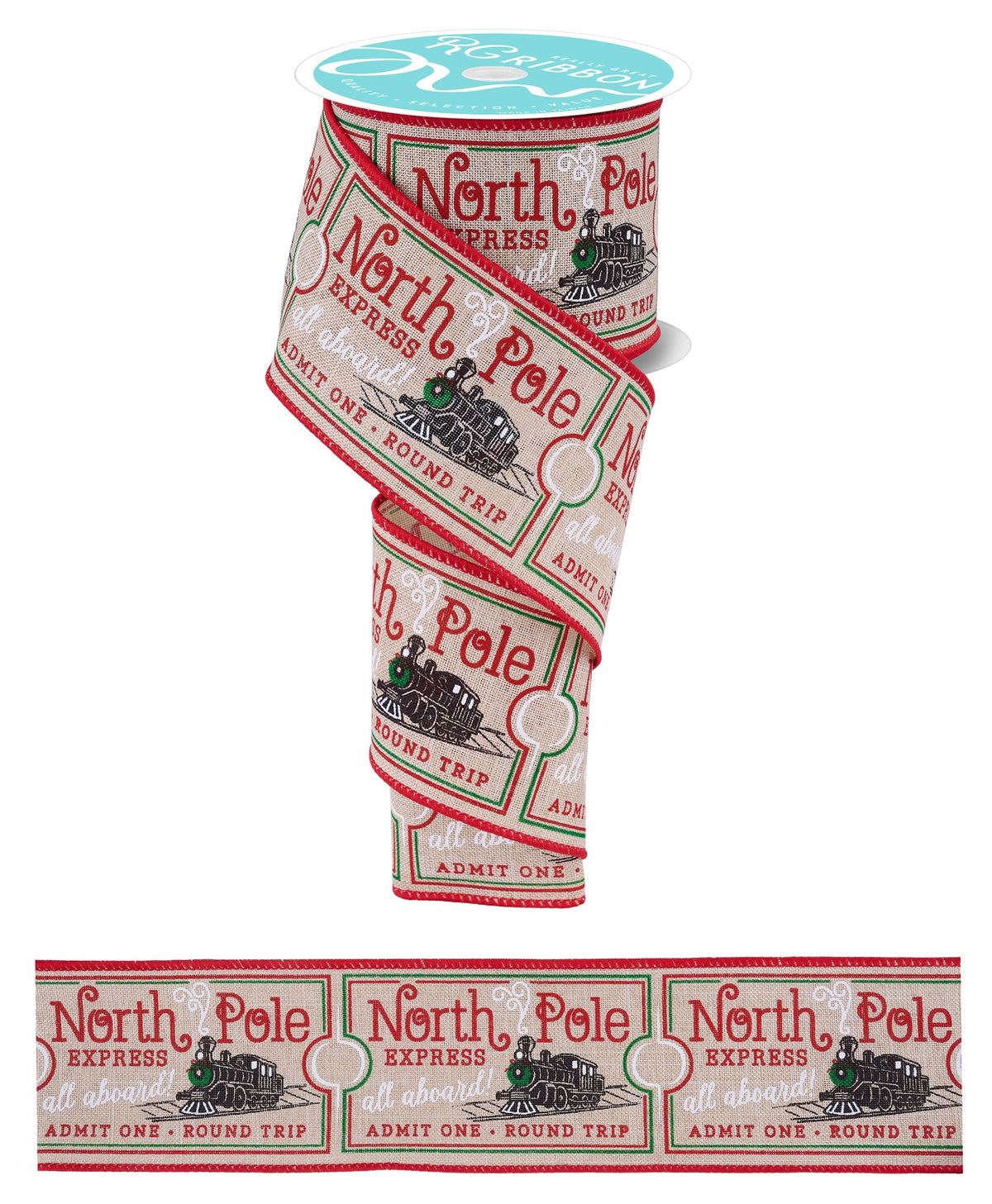 RGH131418      2.5" x 10yd North Pole Train Ticket    Nat/Red/Emrld/Black