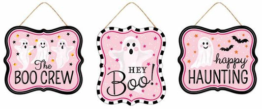 MD120822   7"Lx6"H Tin Matte Ghost Signs   Black/White/Pink