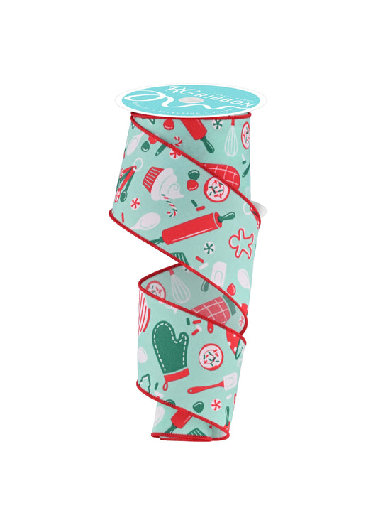 RGF129427  2.5" x 10yd Holiday Baking Ribbon – White/Red/Jade – Wired Ribbon