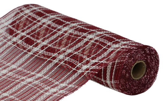 RY8345EN  10.25" x 10yd Farmhse Plaid Faux Jute Mesh Burgundy/Red/Cream