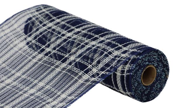 RY8345B7  10.25" x 10yd Farmhse Plaid Faux Jute Mesh Navy Blue/Cream