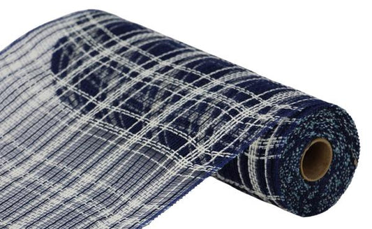 RY8345B7  10.25" x 10yd Farmhse Plaid Faux Jute Mesh Navy Blue/Cream