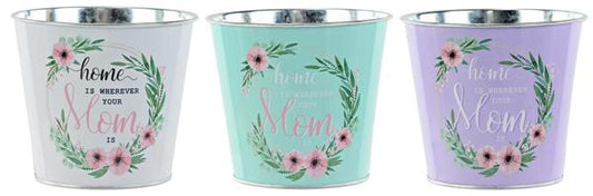 KE2240   Home Where Mom Is Tin Pot Cover    White/Mint/Lavender