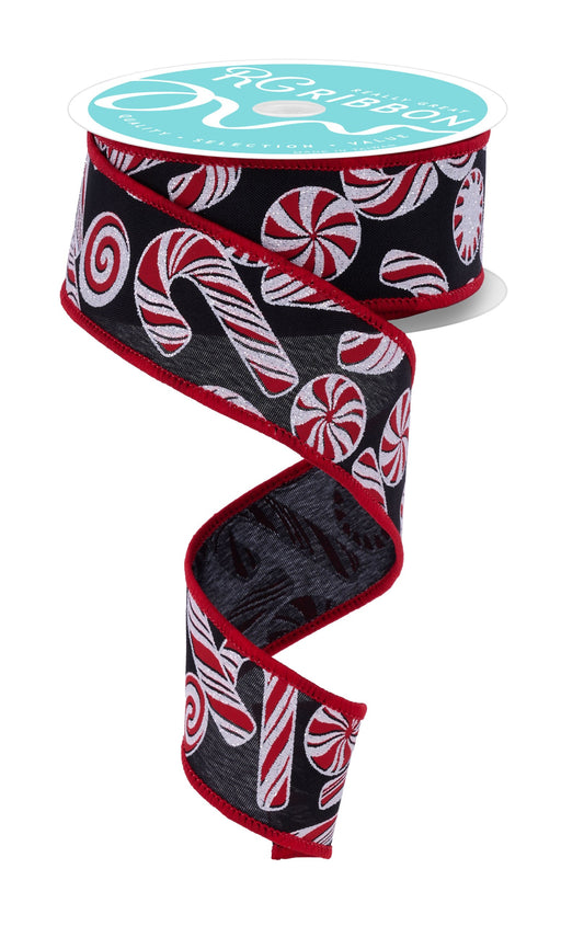 RGF180402      1.5" x 10yd Glitter Candy/Candy Cane    Black/White/Red