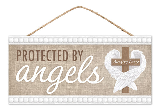 AP740092  12.5"L x 6"H Protected By Angels Sign Burlap/Brown/White/Gray