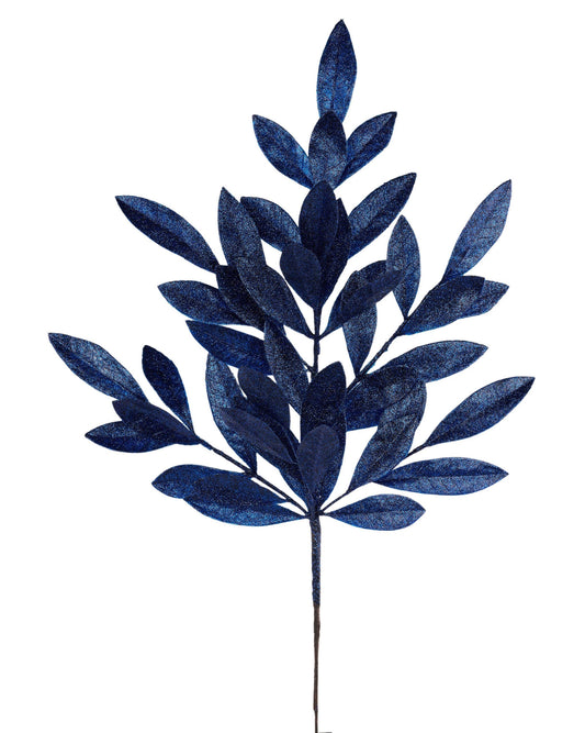 XS237019   23"L Glitter Bay Leaf Spray   Navy Blue