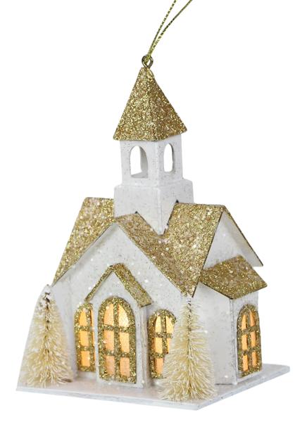 XJ4705  5"H Lighted Church Ornament Gold/White