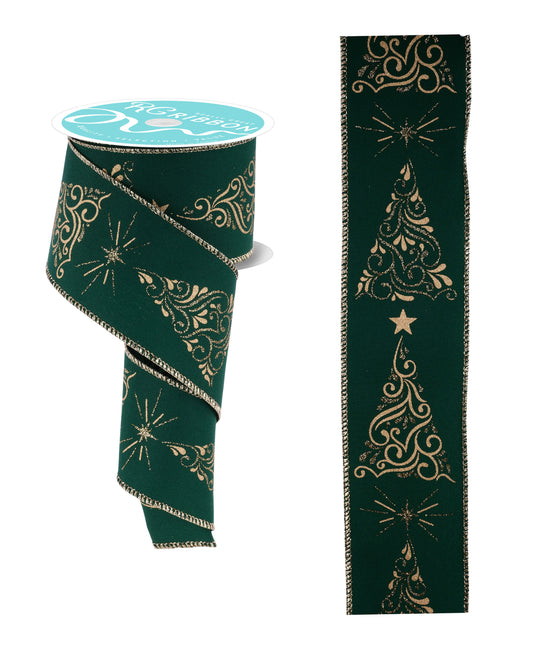 RGF162312  2.5" x 10yd Metallic Swirl Christmas Trees Ribbon – Hunter Green/Gold – Wired Holiday Ribbon