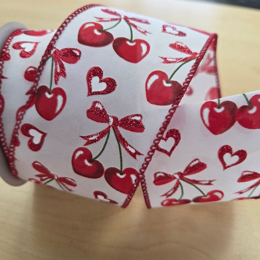 126044012   2.5"X10YDS    STN    Heart Cherries With A Bow   White
