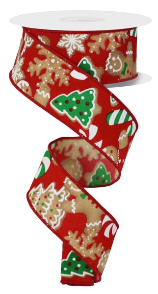 RGE188424  1.5" x 10yd Gingerbread Cookies Red/Brwn/Emrld/Wht