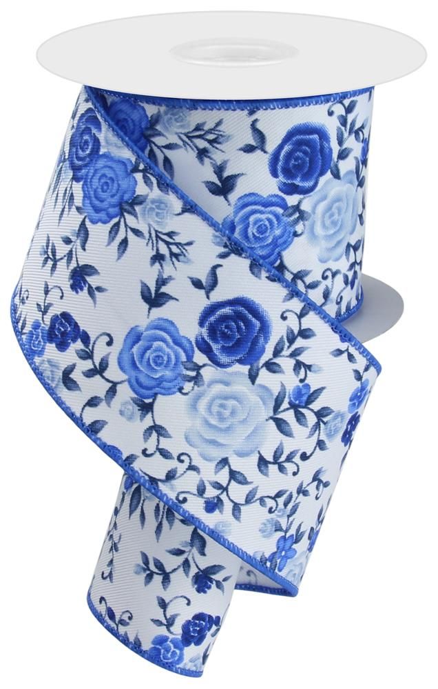 RGE1180RW  2.5" x 10yd Mini Roses White/Multi Blue