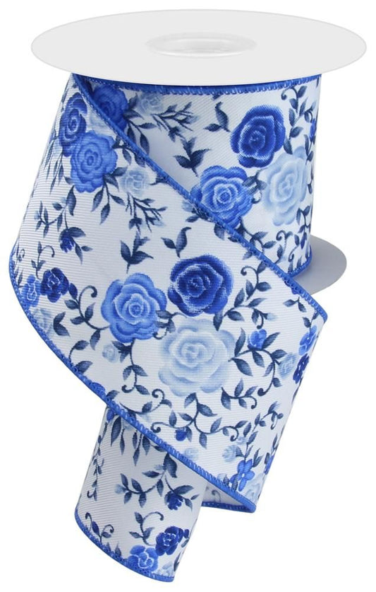 RGE1180RW  2.5" x 10yd Mini Roses White/Multi Blue
