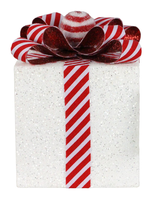XC8348  6.75"H x 4.75"Sq Wrapped Present  White/Red
