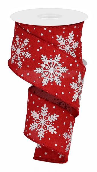 RG0176324    2.5" x 10yd Glittered Snowflakes On Royal     Red/White/Silver