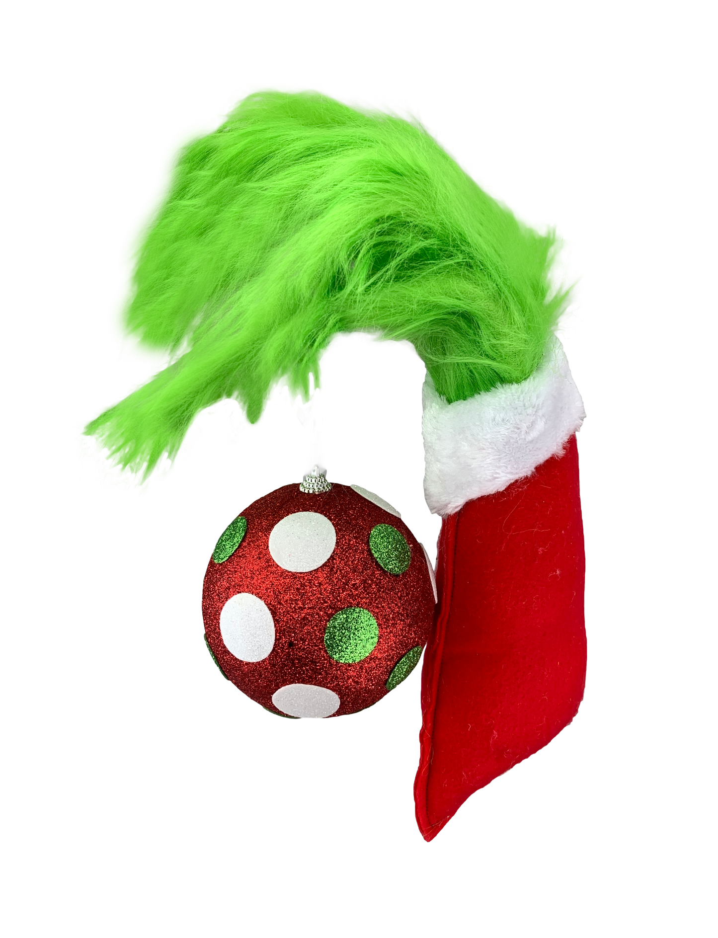 85515RWG    33"H   Green Monster Furry Hand Ornament Pick   Red/White/Green