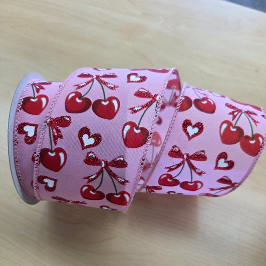 126044003    2.5"X10YDS    STN   Heart Cherries With A Bow   Pink